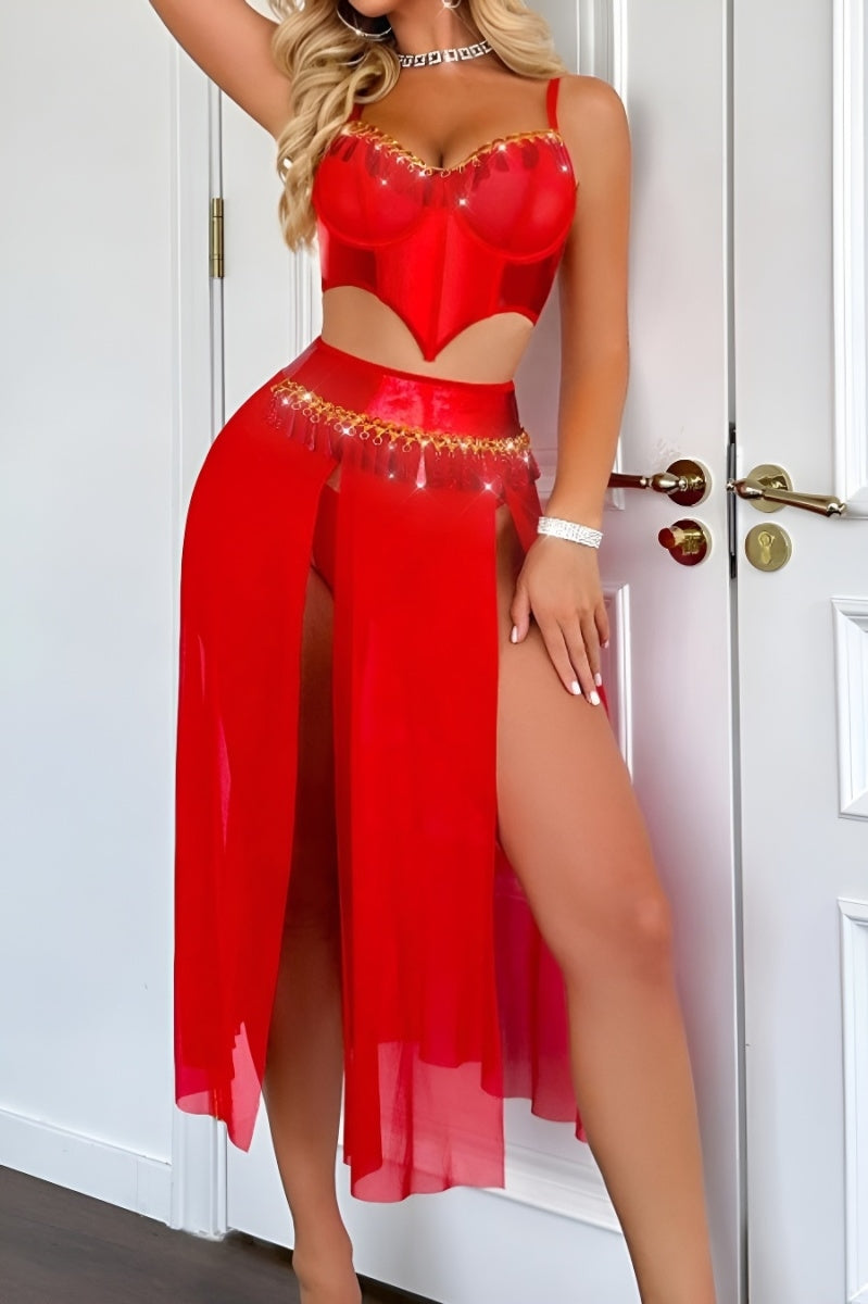 Sexy slight stretch  see-through high slit three-piece sets