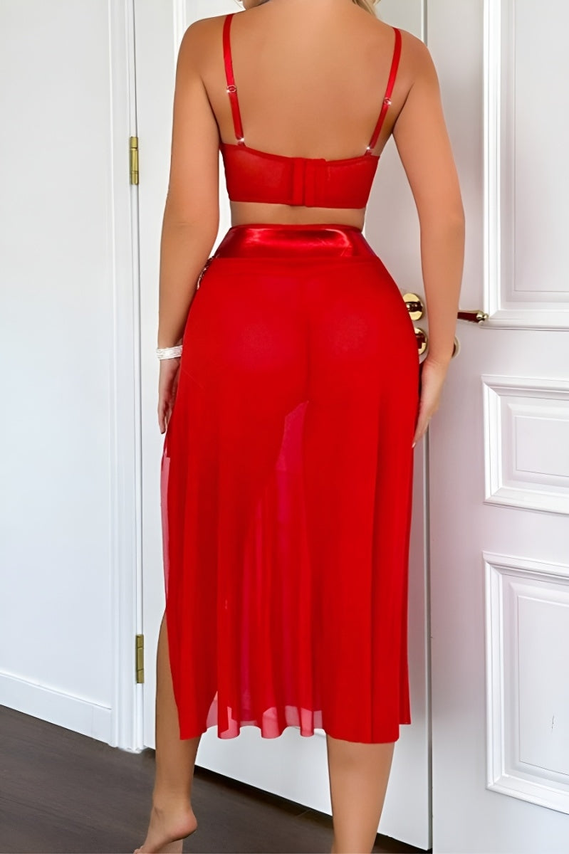 Sexy slight stretch  see-through high slit three-piece sets